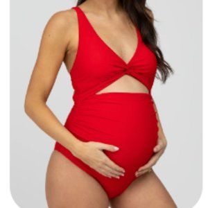 Red Ruched Sides Front Cutout Maternity One Piece Swimsuit